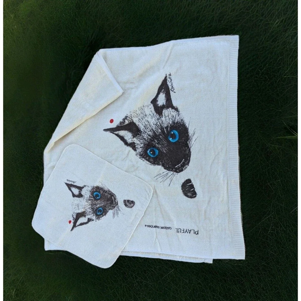 Vintage Siamese Cats Bath Towel Set Rabindra Red Dot Sayco USA NEW Unused 70s